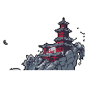 This pixel art showcases a striking East Asian-inspired pagoda with crimson accents, perched atop a rocky outcrop. The isolated structure, set against a black backdrop, evokes a sense of ancient tranquility and mystique.
