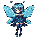 This pixel art image features a delicate, blue-toned fairy or butterfly-like character with large wings and a serene expression. She stands centrally, radiating a whimsical and ethereal vibe against a stark black background.