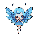 A cute, chibi-style fairy sprite floats upwards with translucent blue wings, its fingers playfully touching its lips. The pixel art image captures a whimsical and magical character in mid-flight.