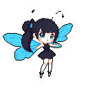 This pixel art showcases a charming chibi fairy with bright blue wings, posed mid-air with an expression of innocent curiosity. Her dark hair and dress contrast beautifully with the vibrant blue accents, creating a whimsical and magical feel.