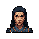 This pixel art portrait captures an older character with long, dark hair and a serious expression, their weathered face hinting at a life of experience. The intense gaze and muted color palette create a sense of gravity and resilience, suggesting a figure of authority.
