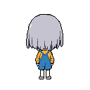 This pixel art features a small, stylized character from behind with shaggy purple-grey hair, wearing orange and blue overalls. The simple design and muted colors evoke a quaint and unassuming charm.