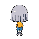 A pixel art figure with a massive, light grey hairstyle walks away, clad in orange and light blue against a stark black background. The rear-facing perspective and obscured face evoke a sense of mystery and isolation.