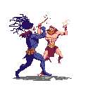 A fierce pixel art battle unfolds as a blue-toned figure recoils from a powerful staff strike, head exploding in bursts of energy and blood. The bearded attacker, wielding a staff that emits sparks, delivers a forceful blow in this dynamic and violent scene.