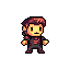 This 8-bit pixel art features a young man with a curious expression, rendered in warm oranges and deep grays. The retro style evokes classic video game sprites, hinting at a character ready for adventure.