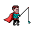 A cheerful pixel art fisherman in a cyan shirt and red cape stands against a black background, contentedly holding his rod with a small catch nearby. The simple, retro style evokes a feeling of peaceful leisure.