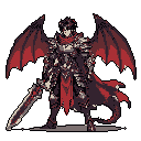 An imposing, pixelated figure stands ready in dark fantasy armor, complete with crimson dragon wings, a spiked helmet, and a massive two-handed sword. The dark, detailed design and vibrant red accents create a powerful and ominous presence.