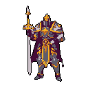 A regal pixel art knight stands ready, adorned in detailed purple and gold armor, holding a tall staff. The figure exudes solemn power and ancient nobility, hinting at a guardian or paladin from a rich fantasy lore.