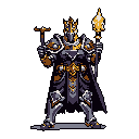 A heavily armored, regal figure stands tall, wielding a scepter and mace, radiating solemn authority in this striking pixel art portrait. The limited color palette of purples, greys, and gold emphasizes power and a touch of fantasy grandeur.
