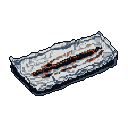 This pixel art depicts a cooked food item, like a sausage or grilled vegetable, resting on crumpled aluminum foil. The simple composition and earthy tones create a utilitarian feel, reminiscent of a game inventory item.