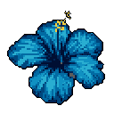 This pixel art showcases a vibrant blue hibiscus in full bloom, its intricate details rendered against a stark black background. The striking contrast of blues and yellows highlights the flower's simple beauty and exotic charm.
