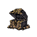 A pixelated, isometric treasure chest overflows with gold, its warm glow cutting through the darkness. The unearthed, aged chest evokes a sense of mystery and discovery, hinting at a valuable find.
