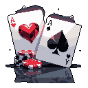 This pixel art scene captures the thrill of gambling with a close-up of a winning hand: the Ace of Hearts and Ace of Spades, accompanied by a stack of red poker chips, pop against a dark, reflective surface. The faceted details and high-contrast palette create an intense and luxurious vibe, hinting at high stakes.