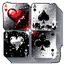 This pixel art showcases four playing cards - Ace of Hearts, Queen of Spades, and their grayscale counterparts - arranged with dramatic contrast and a retro vibe. The vibrant red Ace of Hearts pops against the monochromatic palette, hinting at a game of chance and contrasting fortunes. A central cluster of pixels creates a focal point, adding a touch of magic.
