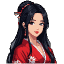 This pixel art portrait captures the quiet beauty of a young East Asian woman in traditional attire. Her red kimono and ornate hairpins, combined with a gentle smile, evoke a sense of grace and cultural richness.