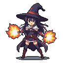 A pixel art witch stands ready, unleashing bursts of fiery magic from her outstretched hands. Her determined pose and contrasting color palette create a striking image of power and action.