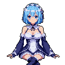 This pixel art portrait features a cute, anime-inspired maid with striking blue hair and eyes, her gentle expression and delicate floral ornament adding to her charm. Her navy and white uniform, complete with lace trim, further emphasizes her elegant and demure appeal.