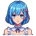 This pixel art portrait features an anime-style girl with short blue hair and a charming expression. She's dressed in a frilly outfit with delicate details, highlighted by a soft pink bow. The vibrant color palette and gentle mood create a sweet and innocent aesthetic.