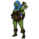 This pixel art image showcases a confident female orc warrior with striking blue hair, her assured gaze and posture hinting at formidable strength. Against a plain background, she stands ready, a memorable portrait in a retro-inspired style.