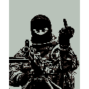 This pixel art depicts a masked special forces operative, rifle in hand, delivering an assertive gesture. The stark, monochromatic design and direct pose create a sense of authority and intensity.