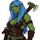 This pixel art portrait features a confident female orc warrior with flowing blue hair and a mischievous smirk. Axe slung over her shoulder and hand on her hip, she exudes both strength and charm.