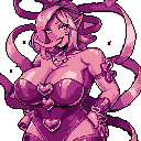 This pixel art portrait features a playful, pink and purple elf-like character with a mischievous smile and heart-themed accessories. Her dynamic pose and detailed design create an energetic and alluring vibe.