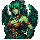 This pixel art depicts a confident dryad-like figure with leafy hair, feathered wings, and a mischievous smirk. Her design blends natural elements with a classic fantasy aesthetic, evoking a sense of enchanting power.
