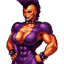 This pixel art bust features a muscular, punk-rock woman with a purple mohawk and sinister grin, radiating confidence and rebellious energy. Her powerful physique and studded accessories, rendered in a rich color palette of oranges and purples, create a striking and confrontational image.