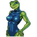 This pixel art portrait features a confident, green-skinned reptilian woman in a dark blue bodysuit. Her gentle smile and upward gaze create an alluring and subtly sci-fi vibe.