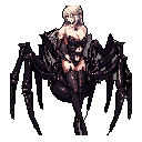 This pixel art depicts a striking drider: a humanoid female with a spider's lower body and legs. Her dark, glossy spider form contrasts with her pale skin and flowing blonde hair, creating a captivating blend of beauty and the monstrous.