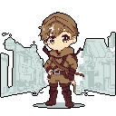A determined young archer, rendered in classic pixel art, stands ready for adventure, quiver slung over their shoulder. Their rugged attire and the hint of ruins in the background suggest a world touched by hardship.