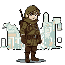 A young, resolute character in military-style attire stands watch before a faded cityscape. The pixel art evokes a solemn, nostalgic mood, hinting at a survivalist or historical setting.