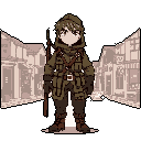 A young, determined soldier stands guard in a war-torn street, clad in military gear and gripping a rifle. Her solemn expression hints at the hardships of a bygone era.