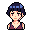 This pixel art portrait features a woman with short blue-purple hair and a neutral expression, rendered in a warm, muted palette. She wears a deep maroon top against a stark black background, evoking a classic video game vibe.