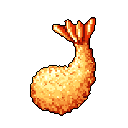 This pixel art image showcases a golden-brown ebi tempura, dynamically posed against a stark black backdrop. The warm, vibrant colors and detailed pixel work create an appetizing and iconic representation of the fried shrimp.