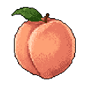 A pixel-perfect, ripe peach with a single leaf is presented against a stark black background. The warm color palette and careful shading give the fruit a round, inviting appearance.