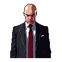 This pixel art portrait captures the cold intensity of Agent 47 with his signature bald head, dark suit, and piercing gaze. The minimalist design and somber colors highlight his professionalism and potential menace.