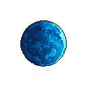 A solitary, blue-toned planet hangs in the black void of space, its illuminated crescent hinting at life and wonder. The pixel art evokes a sense of cosmic isolation and serene grandeur.