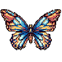 A stunning pixel art butterfly bursts with vibrant blues, oranges, and golds against a stark black backdrop, showcasing intricate wing patterns in a retro-digital style. The symmetrical pose and rich colors evoke a sense of wonder and delicate beauty.