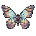 A delicate pixel art butterfly with pastel wings is showcased against a stark black backdrop. The symmetrical design and muted colors create a tranquil and nostalgic feel.