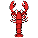 A bold, pixelated red lobster stands out against a black void, its claws raised in a striking, symmetrical pose. This retro-style image captures the iconic crustacean in a simple yet captivating way.