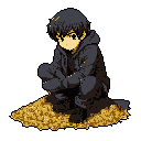 A pixel art image depicts a dark-haired youth in a crouched pose, looking down with a somber expression. Seated on a mound of golden material, the character's bright eyes stand out against their dark clothing and the isolating black background, creating a melancholic and introspective scene.
