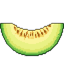 A pixelated melon slice, rendered in muted greens and yellows, sits isolated against a stark black backdrop. The simple, retro-style artwork focuses on the fruit's form and color, evoking a feeling of freshness.