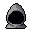 A mysterious, hooded figure stands shrouded in shadows, its face unseen beneath a dark hood in this pixel art piece. The monochromatic grey tones and stark composition evoke a feeling of anonymity and foreboding.
