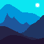 This pixel art image captures a serene mountain landscape at twilight, with layers of blue hills receding into the distance under a bright, moonlit sky. The cool, monochromatic palette evokes a sense of peacefulness and solitude in this simple yet vast scene.