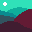 This pixel art image captures a tranquil landscape scene with minimalist geometric shapes and a muted, complementary color palette. A lone celestial body shines above layers of stylized hills and mountains, creating a peaceful and contemplative atmosphere.