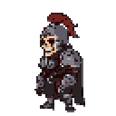 A pixelated undead knight in worn, dark grey armor stands ready, his red-plumed helmet hinting at a somber fantasy. The retro style and muted palette enhance the ominous feel of this skeletal warrior.
