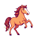 This pixel art showcases a vibrant orange and purple horse rearing up in a playful pose. The energetic design, complete with a white blaze and subtle yellow tail accents, is set against a stark black backdrop.