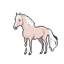 A serene pixel art horse, rendered in soft pastel shades, stands gracefully against a stark black backdrop. Its gentle gaze and relaxed posture create a peaceful and slightly ethereal feel.