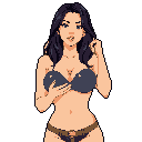 This pixel art portrait captures a confident woman with a playful smirk, her hand delicately touching her hair in a candid moment. The simple style and dark background focus all attention on her expression and pose.